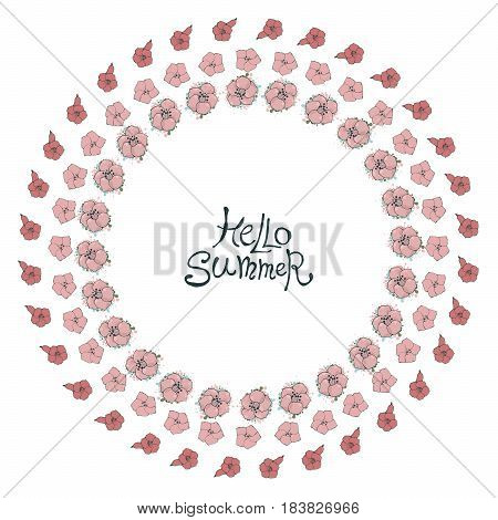 Floral frame with small pink flowers. Nature circle hand drawn border on white background. Vector decoration arranged in a shape of wreath
