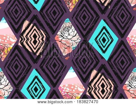 Hand drawn vector abstract freehand textured collage seamless pattern with spring flowers mottif in pastel color isolated on colored background.Wedding, save the date, birthday, fashion fabric, decoration