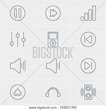 Vector Illustration Of 12 Melody Icons. Editable Pack Of Subsequent, Mp3, Rewind And Other Elements.