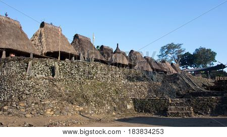 Grass rooftops at Bena a traditional village with grass huts of Ngada people in Flores near Bajawa Indonesia.