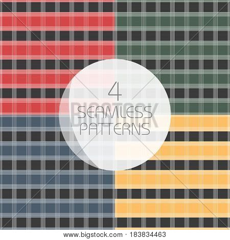 Seamless tartan patterns set. Redyellow greenblue kilts fabric texture. Abstract vertical and horizontal lines. Vector illustration