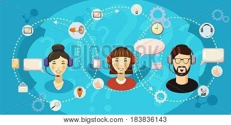 Call center touch horizontal concept. Cartoon illustration of call center touch banner horizontal vector for web