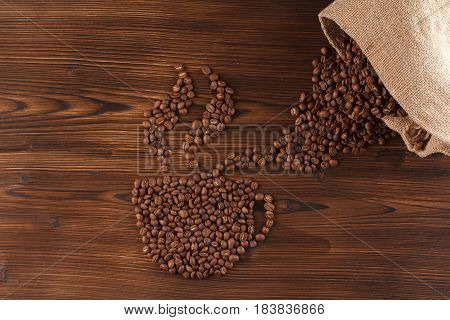 Lettering Coffee. Coffee Beans In The Form Of A Cup Of Hot Coffee