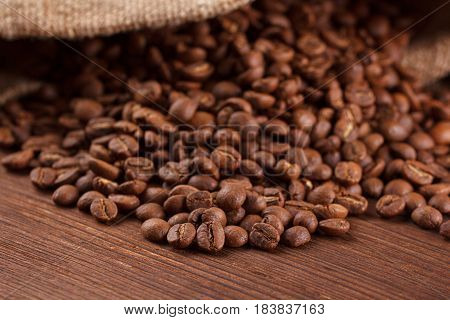 Coffee Beans Roasted On Wood Background, Macro