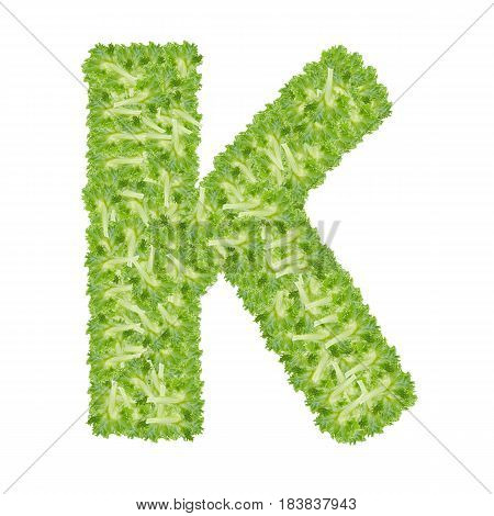 Letter K alphabet with hydroponics leaf ABC concept type as logo isolated on white background