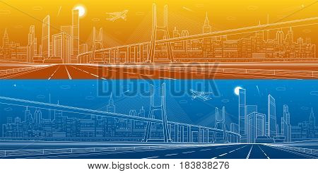 Infrastructure panorama. Large cable-stayed bridge. Airplane fly. Empty highway. Night modern city on background, towers and skyscrapers, urban scene, day and night version, vector design art