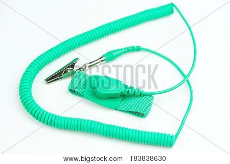 Green antistatic wrist strap for protection on white background