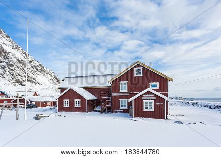 A Norway - March 18 2017: The Feskarbrygga Rorbuer hotel in the fishing village A of Lofotens in winter
