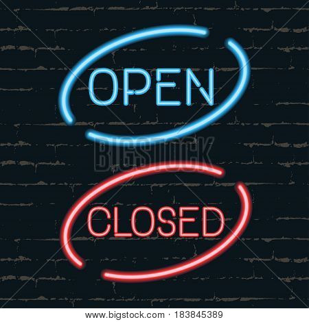 Open closed signborads. Neon effect in blue and red colors on dark background. Vector