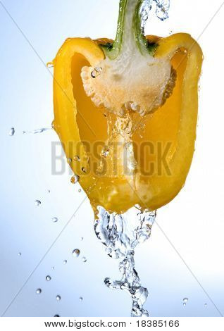 half a pepper being washed isolated blue background