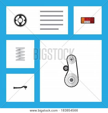 Flat Auto Set Of Input Technology, Cambelt, Headlight And Other Vector Objects. Also Includes Pulley, Gear, Car Elements.