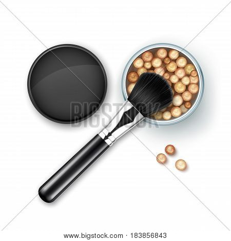 Vector Open Bronzing Pearls box with Black Cap Rouge Balls with Makeup Brush Applicator Isolated on White Background