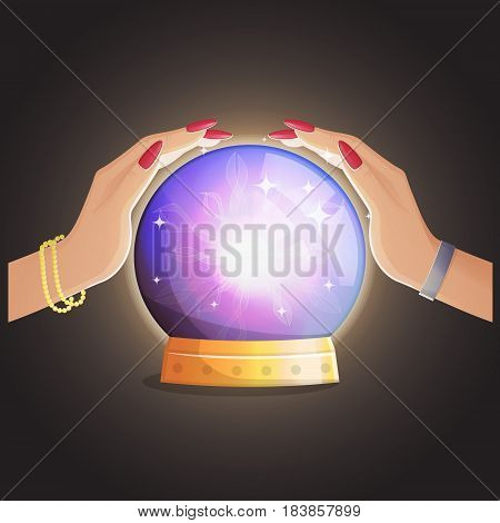 Illustration of a gypsy fortune teller working and making predictions with a magic globe shiny speare with thunders and supernatural glow.