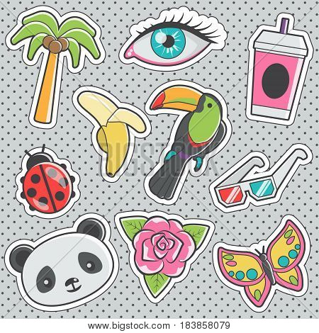 Set of fun trendy vintage sticker fashion badges with toucan, ladybug, paper drink glass, anaglyph cinema set, panda head. Vector illustrations for iron on patches, transfer tottoos, sew on chevron.