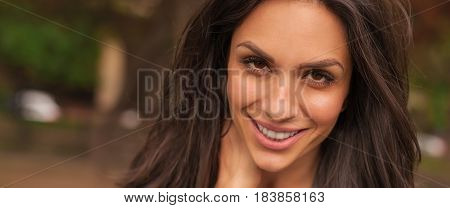 Happy Cheerful Smiling Woman Enjoys In The Nature. Panorama Widescreen