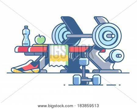Sports and fitness. Dumbbells and barbells in gym. Vector illustration