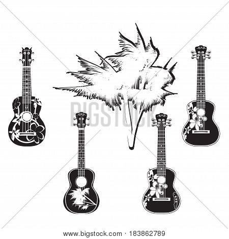 Vector black and white set of hawaiian guitars. Traditional and electric ukulele, string plucked musical instruments isolated in flat style.