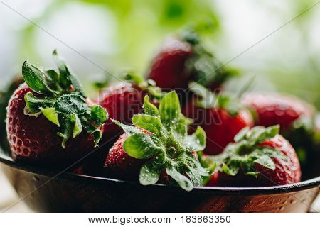 Bowl of  strawberries on green background. Backlight.