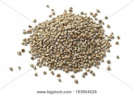 Heap of pearl millet close up on white background