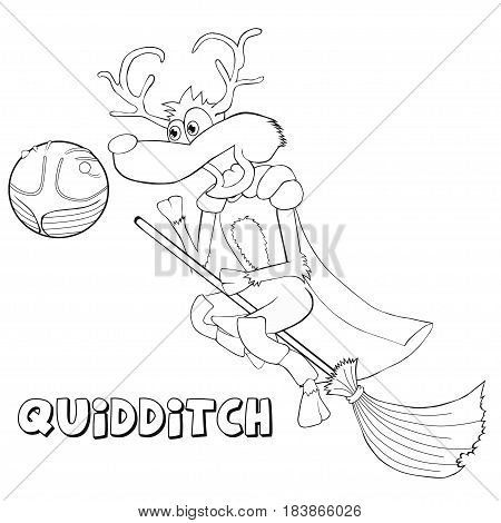Coloring book deer plays quidditch.  Cartoon style. Clip art for children.