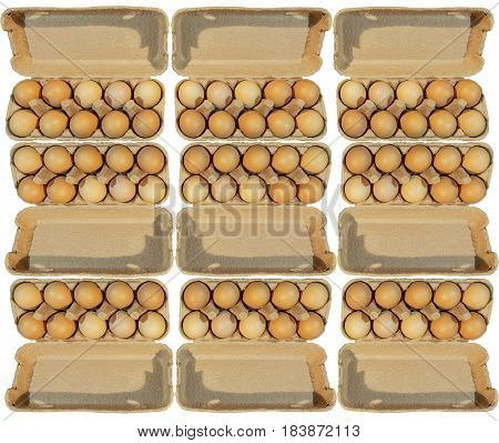 Ninecarton packages, brown eggs in a carton package isolateded on white