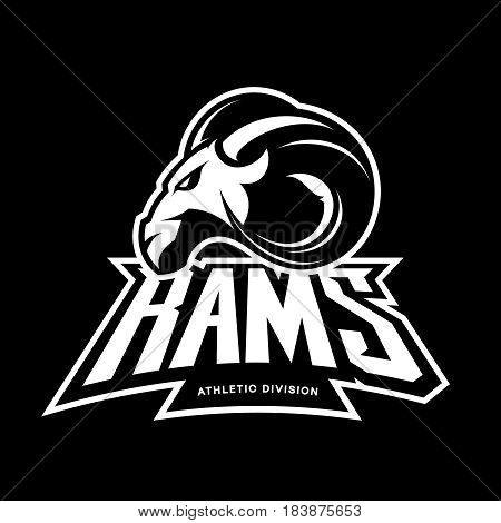 Furious ram sport club vector logo concept isolated on black background. Modern professional team badge mascot design.
Premium quality wild ram animal athletic division t-shirt tee print illustration.