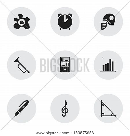 Set Of 9 Editable School Icons. Includes Symbols Such As Graph, Bookcase, Alarm And More. Can Be Used For Web, Mobile, UI And Infographic Design.