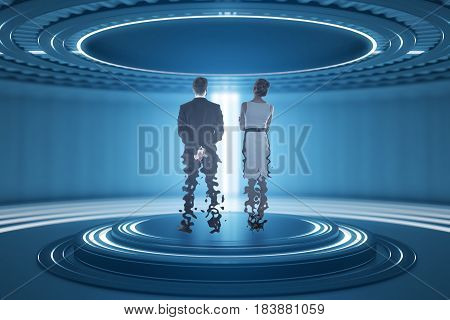 Back view of businesspeople inside abstract teleportation sation. Future technologies concept. 3D Rendering