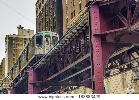 Chicago IL USA october 2016: Elevated commuter train moving in Chicago Illinois