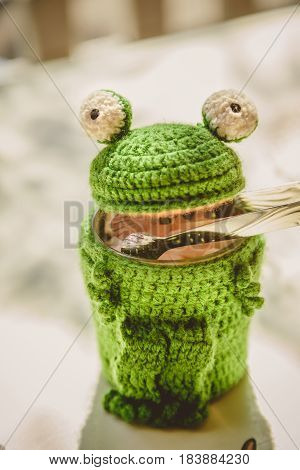 Decorated Opened Sugar Bowl Green Color With Sugar Cubes And Sugar Tongs Inside On The Table, Tea-th