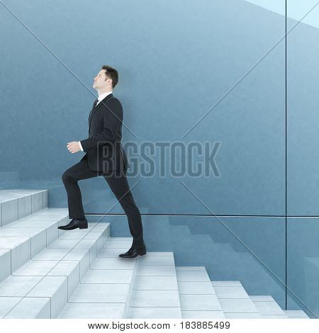 Side view of young businessman climbing concrete stairs. Growth concept. 3D Rendering