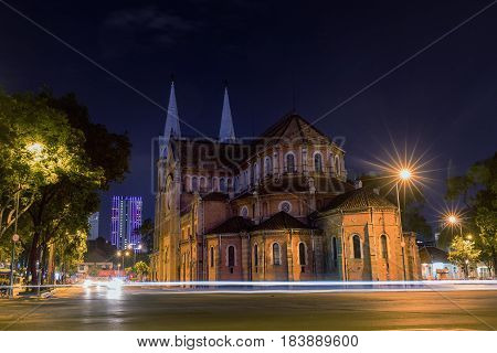Ho Chi Minh City / Vietnam - March 27 2017: Night view on Notre Dame Cathedral in Ho Chi Minh city Vietnam. The church is established by French colonists build in 1883. Vietnamese: Nha Tho Duc Ba.