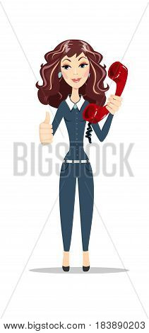 Bored tired beautiful curly young woman with bright makeup in retro style with red telephone receiver over white background. Stock flat vector illustration.