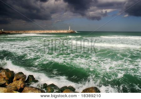 Beautiful stormy Mediterranean sea and cloudy sky.
