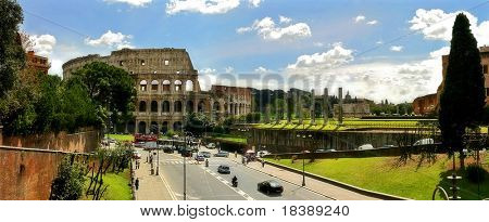 Panoramic view on ruins of famous Colosseum in Rome, Italy.
