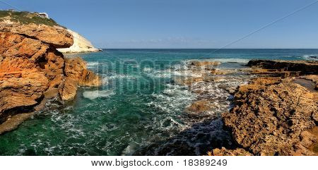 Panoramic view on rocks and Mediterranean sea in northern Israel.