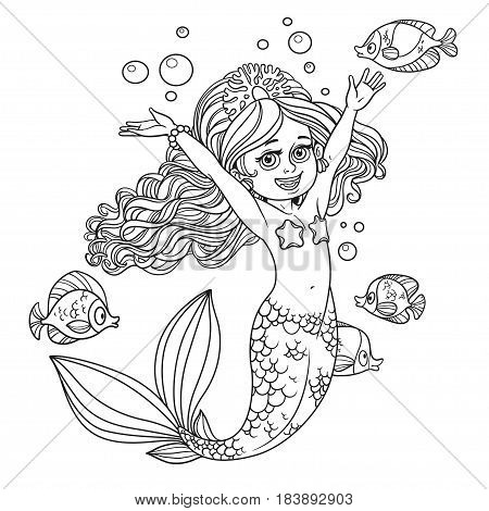 Cute Happy Little Mermaid Girl Outlined Isolated On A White Back