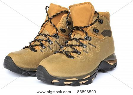 closeup of new hiking boots on white