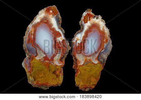 A cross section of the agate stone. Multicolored silica rings colored with metal oxides are visible. Origin: Asni Atlas Mountains Morocco.