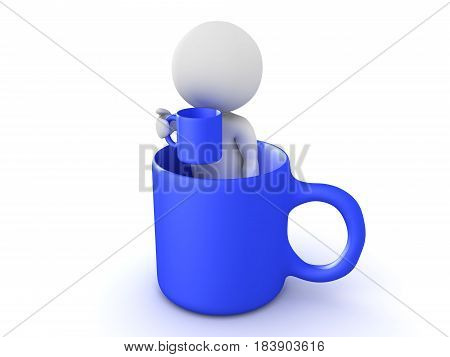 3D Character sitting in a giant cup while holding a cup. This image is cup inception.