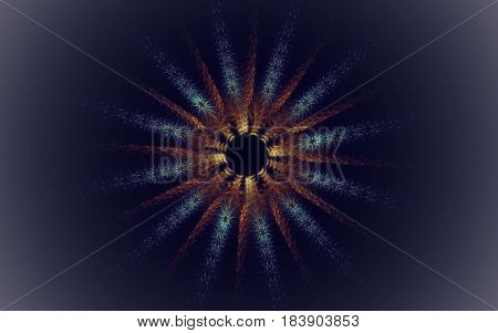 Image of an abstract star with a black midpoint and rays of brown and blue with fuzzy edges with a white mist around