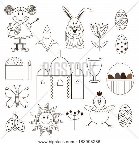 Vector flat set with cute elements for Easter holiday. Funny objects made of childish style for books cards and so on