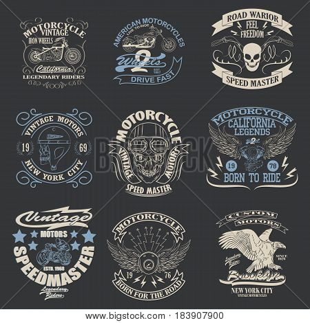 Motorcycle typography set, t-shirt graphics, Stock Vector Illustration.