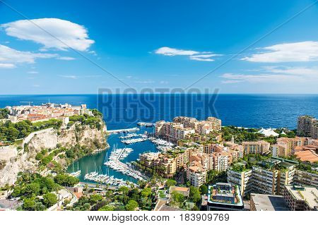 Panoramic view Monaco Fontvieille new district of Monaco with marina and harbor. Mediterranean sea french riviera