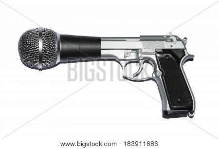 Gun and microphone hybrid metaphor for `Speak Truth to Power.`