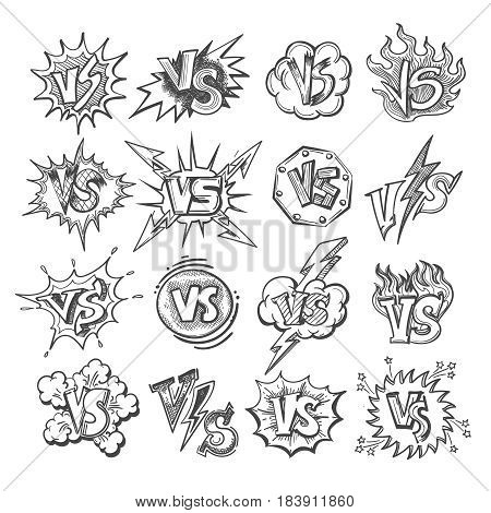 Versus sketsh labels isolated on white background. Doodle pop art vs letters for confrontation duel concepts
