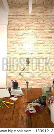 Vertical Brick Wall, Art Supplies on Desk - 4K HD 300 DPI