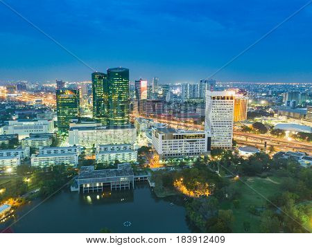 BANGKOK THAILAND - 28 APRIL 2017 : Aerial view of PTT Head office and Engery Complex building on April 28 2017. PTT is the largest oil company in Thailand.