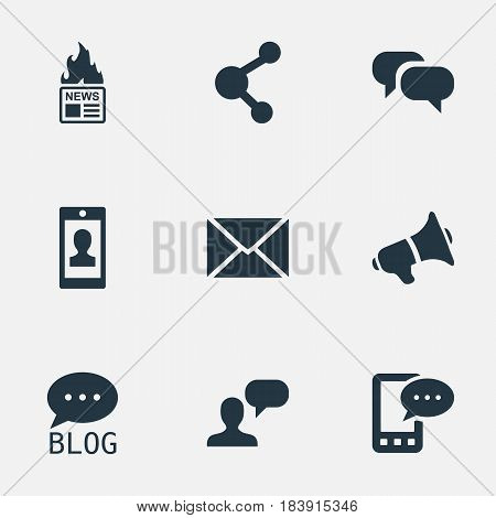 Vector Illustration Set Of Simple Blogging Icons. Elements Man Considering, Site, Post And Other Synonyms Missive, Network And Loudspeaker.