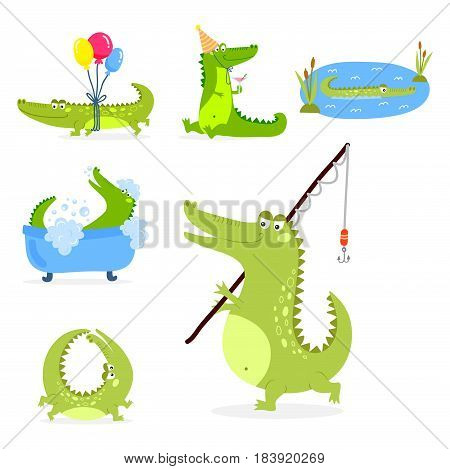 Cartoon green crocodile funny predator and australian wildlife river reptile carnivore alligator scales teeth flat vector illustration. Tropical africa safari zoo character crocodylus.